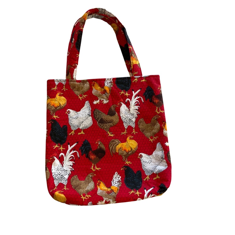 Handmade Reversible Tote Bag‎ Unisex Medium Red Chicken Rooster Plaid Cotton